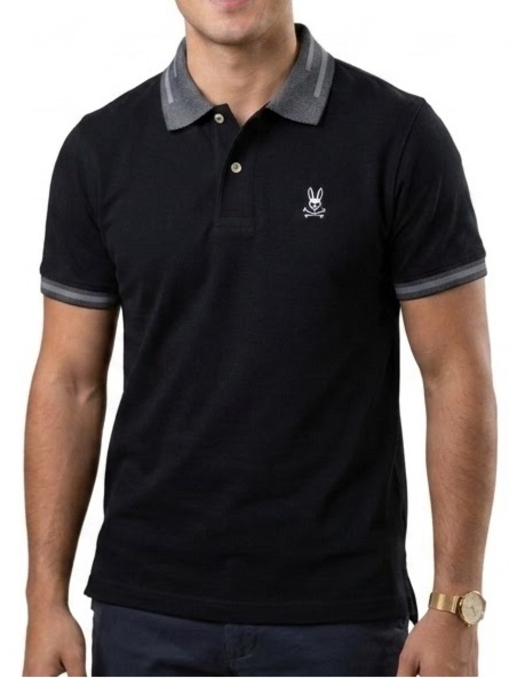 Psycho Bunny Mens Black Pima Cotton Short Sleeve Polo Shirt Grey Tipping Size 2